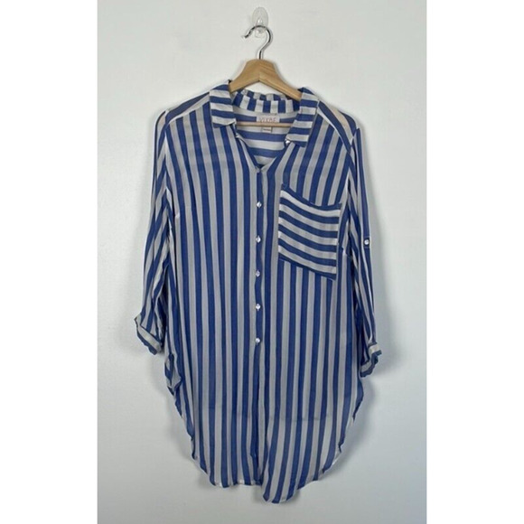 Vixbe Stitch Fix Horizontal Stripes Button Front Shirt Chest Pocket 3/4 Sleeve L - Picture 1 of 7